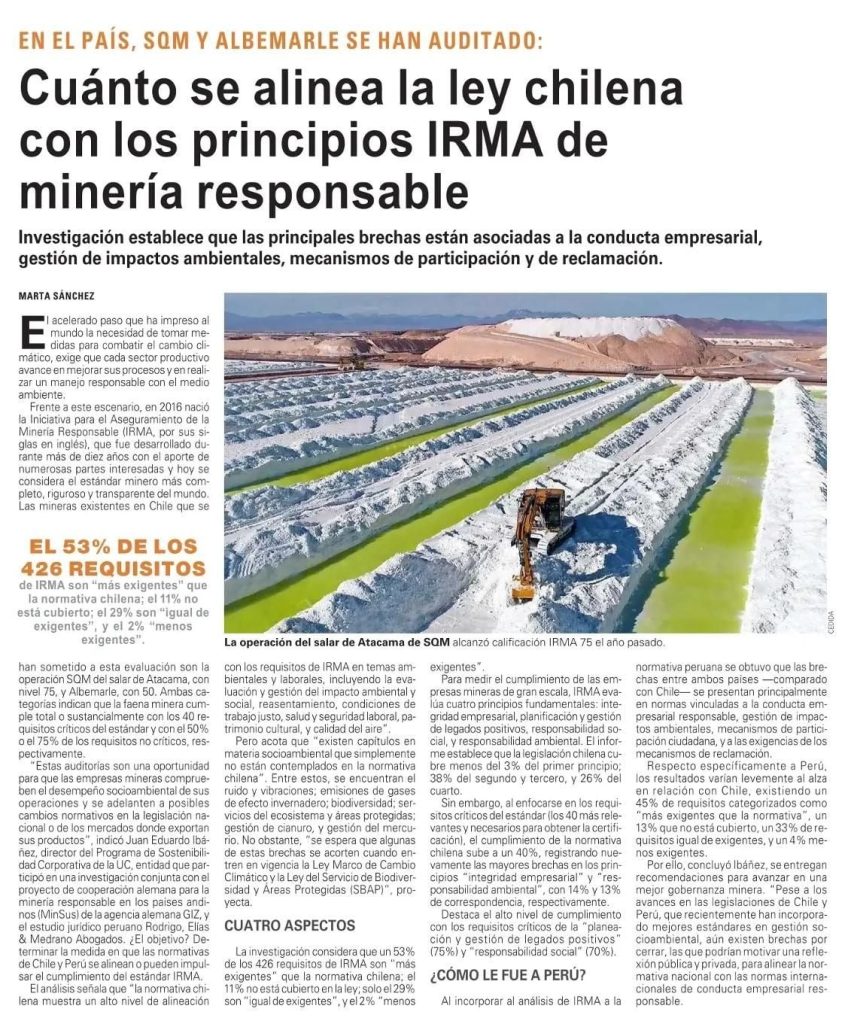 Programa en los medios: Diario El Mercurio destaca los avances y brechas de minería chilena, ante principios IRMA